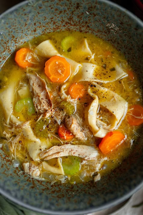 The Best Roasted Chicken Noodle Soup: From Scratch Roasted Chicken and Noodles Soups Chicken Noodle, Chicken Soup Egg Noodles, Rustic Chicken Noodle Soup, Roasted Chicken Soup Recipe, Chicken Soup Whole Chicken, Slow Cooker Rotisserie Chicken Soup, Chicken Thighs Soup Recipes, Whole Chicken Soup Recipes, Whole Chicken Noodle Soup