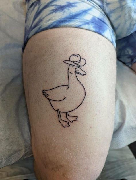 Goose With Cowboy Hat Tattoo, Duck Cowboy Tattoo, Duck With Hat Tattoo, Funny Animal Tattoos Simple, Duck Flash Tattoo, Cool Duck Tattoo, Goose Bumps Tattoo, Chicken And Duck Tattoo, Funny Goose Tattoo