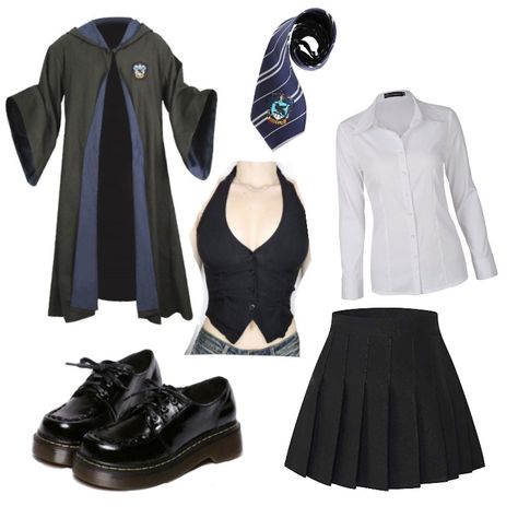 Harry Potter Clothes Ravenclaw, Ravenclaw Uniform Aesthetic, Ravenclaw Uniform Female, Hogwarts Dr Outfits, Hogwarts Uniform Aesthetic, Ravenclaw Wardrobe, Ravenclaw Outfit Ideas, Slytherin Girl Outfit, Ravenclaw Oc