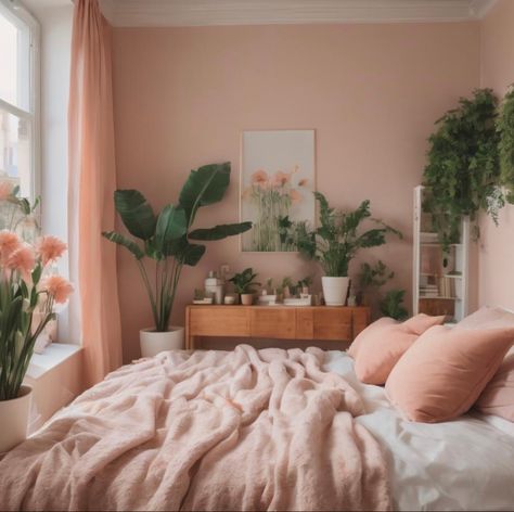 #pink #flowers #floral #flowerstagram #room #roomdecoration #roomdecorbedroom #roomdecorideas #bedroomideas #bedroom #bed #bedding #bedroominspo #bedroomgoals Pink Bedroom Plants, Light Pink Wall Room Ideas, Light Pink And Beige Bedroom, Pink Botanical Bedroom, Peach Wall Bedroom, Pink Room With Plants, Pink Earthy Bedroom, Peach Room Aesthetic, Pink Plant Room