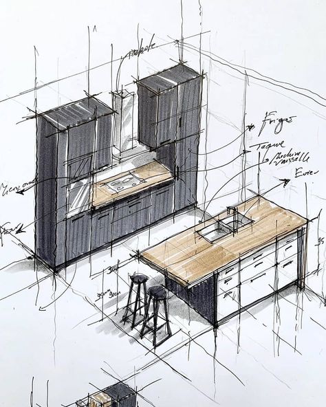 Architecture Sketches, Kitchen Details Drawing, Kitchen Sketch, Interior Architecture Sketch, Interior Design Sketchbook, Architecture Drawing Plan, Interior Architecture Drawing, Interior Design Renderings, Architectural Sketches