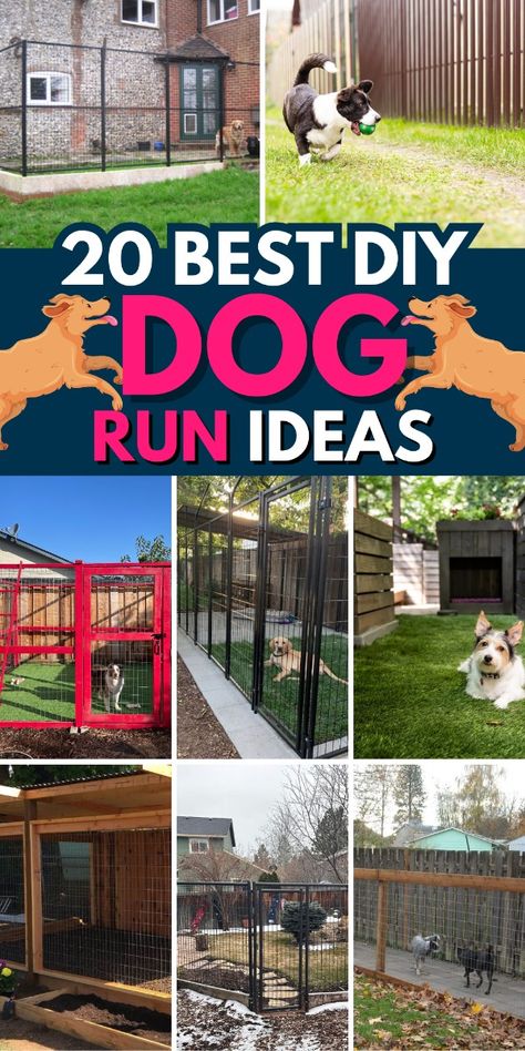 Let your dog enjoy the outdoors with these DIY dog run projects. Dog Area Side Of House, Dog Run Roof Ideas, Winter Dog Run Ideas, Easy Diy Dog Kennel Outdoor, Easy Dog Run Ideas Backyard, Easy Dog Pen Ideas Outdoor, Diy Dog Friendly Backyard, Diy Dog Enclosure Outdoor, Dog Run Gate Ideas