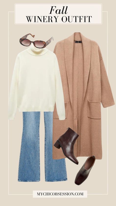 10 Fall Winery Outfits: What to Wear to the Vineyard - MY CHIC OBSESSION Argentina, Classic Country Outfits, Napa Valley Outfit Winter Wine Country, Turtleneck And Cardigan Outfit, Vineyard Outfit Winter, Winery Outfit Winter, Trendy Dinner Outfits, Fall Winery Outfits, Napa Outfit