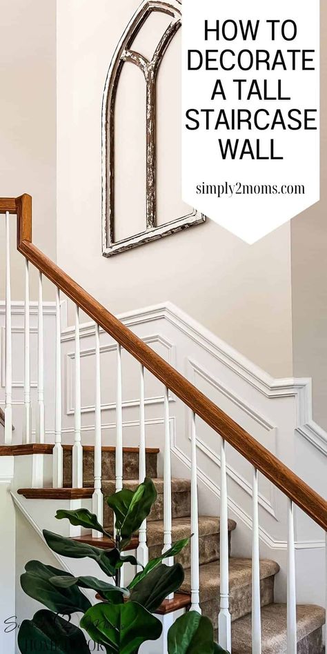 Foyer Staircase Wall Decor, Tall Wall Stairwell, Tall Entry Wall Ideas, Wall Going Downstairs, Tall Stair Wall Decor, Simple Stairway Decor, Minimalist Stair Wall Decor, Artwork For Staircase Wall, Going Up Stairs Wall Decor