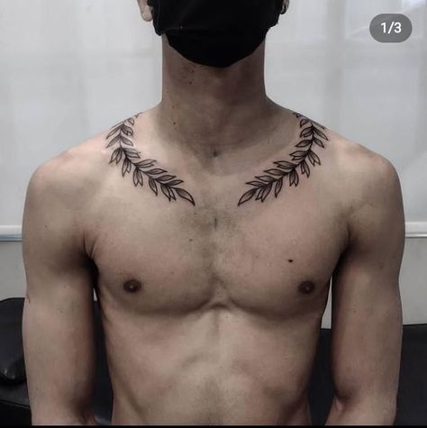 Laurel Tattoo, Hals Tattoo Mann, Collar Tattoo, Collar Bone Tattoo For Men, Rib Tattoos For Guys, Clavicle Tattoo, Realistisches Tattoo, Olive Branch Tattoo, Small Neck Tattoos