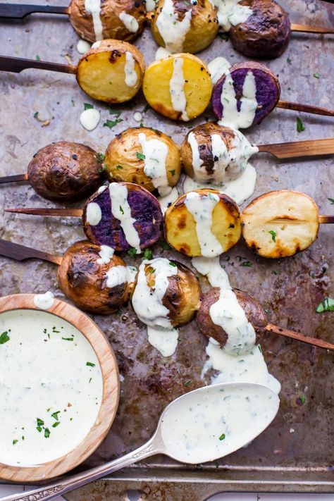 Grilled Red, White, and Blue Potato Skewers with Ranch Dressing (Paleo, Whole30, Vegan) Summer Skewers, Potato Skewers, Rustic Rooms, Lettuce Wrapped Burger, Whole30 Vegan, Blue Potatoes, Beef Back Ribs, Best Potato Recipes, Whole30 Meal Prep