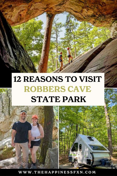 top image: Robbers Cave; bottom left image: couple enjoying the park; bottom right photo: aliner camper at campground Natural Falls State Park Oklahoma, Robbers Cave State Park Oklahoma, Gloss Mountain State Park Oklahoma, Oklahoma Camping, Oklahoma Vacation, Okie Girl, Oklahoma State Parks, State Park Cabins, Oklahoma Travel