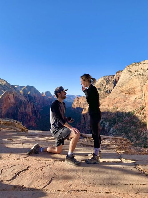 Proposal in Zion National Park on How They Asked by The Knot!   #zionnationalpark #hiking #hikingproposal #besthikes #wheretopropose #howtopropose #proposalideas #bestplacetohike Hiking Proposal Ideas, Hike Proposal Ideas, Proposal Ideas Mountains, Proposal Hiking, Hike Proposal, Proposal Outfits For Her, Travel Proposal, Yosemite Proposal, Hike Proposal Photos