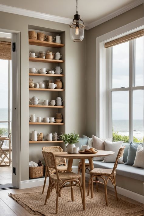 Cozy nook with a small round table, rattan chairs, and built-in shelves displaying ceramic tableware, overlooking a beach view. Open Shelving Breakfast Nook, Beachy Coffee Bar, Coastal Breakfast Nook, Coastal Breakfast, Coffee Nook Ideas, Coffee Nooks, Corner Breakfast Nook, Nook Inspiration, Briarcliff Manor