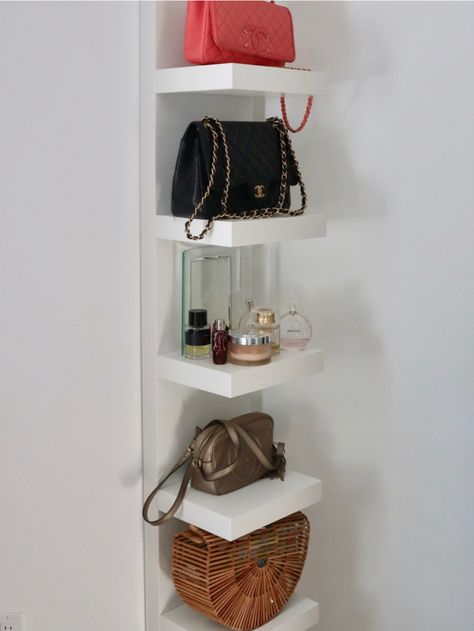 Using a simple Ikea Lack unit and hanging it vertically on the wall makes for a great way to store and display favorite or frequently used handbags. Purse Room Ideas, Floating Shelves For Purses, Purse Organization Wall Shelf, Shelf For Purses Handbag Storage, Handbag Display Ideas Bedrooms, Handbag Display Bedroom, Floating Shelves Purse Display, How To Display Purses In Bedroom, Bedroom Handbag Display