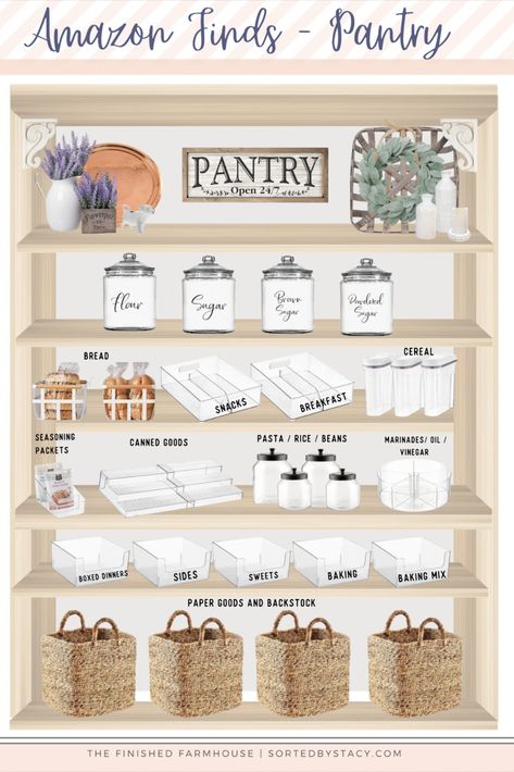 Picture of farmhouse pantry with farmhouse decor, jars, wire baskets, wicker baskets, and organization bins. Discover top-rated pantry organization products on Amazon and the Container Store. Functional Pantry, Organization Products, The Container Store, Airtight Containers, Container Store, Pantry Organization, Pantry, Benefits, Shelves