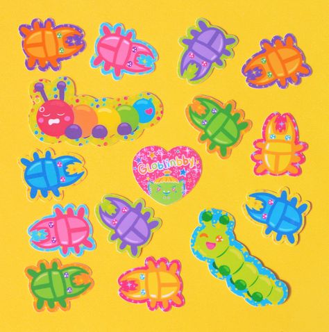 🐛 Mini beetle and caterpillar sticker flakes! Beetles are approximately .75 inches or 1.8 cm tall. Caterpillars are approximately 1.5 inches or 3.7 cm long. 🌧️ Made with matte waterproof (not weatherproof) sticker paper. ☀️ Not recommended to stick in places that get a lot of sun/UV exposure. 🌈 Small cute and colorful! 💖 Comes with 2 of each design (there are 6 different colors of beetles and 2 different caterpillars) so in total it is 16 stickers. 📸 I've tried to photograph the color as ac Cool Bugs, Cool Stickers, Funky Art, Caterpillar, Sticker Sheets, Cute Stickers, Bugs, Sticker Paper, Cute Art