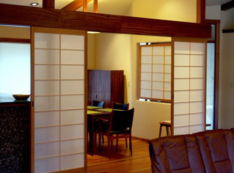 A row of sliding shoji screens separates the kitchen / dining room from the living room. Japanese Room Divider, Ceiling Room, Shoji Screens, Pass Through Window, Japanese Door, Half Walls, Shoji Screen, Japanese Room, Hakone