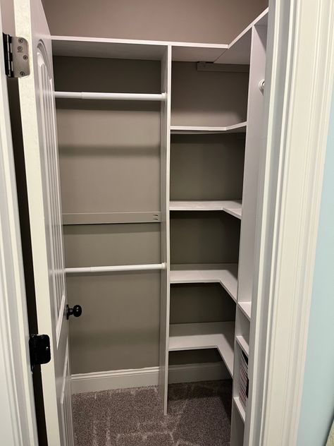 Small Deep Closet Ideas, Deep Small Closet, Small Closet Diy How To Build, No Walk In Closet Ideas, 4 By 4 Closet Ideas, Square Closet Organization Ideas, Small Closet Build, 4x4 Walk In Closet, Square Closet Ideas