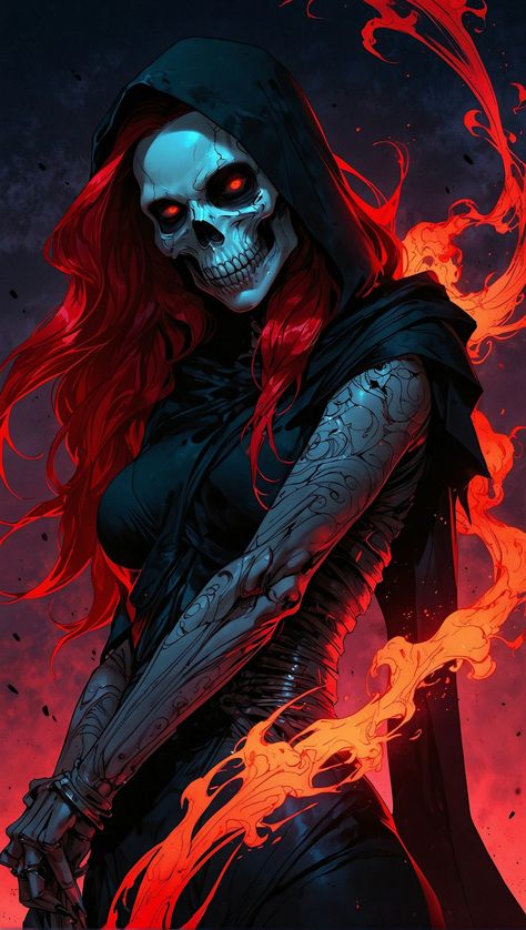 Flaming Skeleton 💀 Girl Grim Reaper, Cryptids Creatures, Flaming Skeleton, Skeleton Woman, Skull Wallpapers, Badass Pictures, Skeleton Girl, Scary Drawings, Red And Black Wallpaper