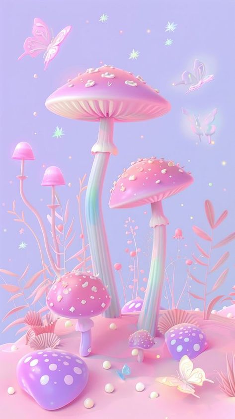 Pink Mushroom Aesthetic, Background Goth, Mushroom Wallpapers, Glowing Wallpaper, Kawaii Photography, Dreamy Scenery, Mushroom Background, Mushroom People, Sticker Butterfly