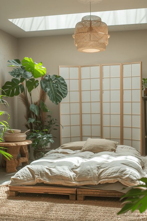 29 Japanese Boho Bedroom Ideas 8 Tatami Bedroom Design, Traditional Japanese Bedroom, Tatami Bedroom, Japanese Inspired Bedroom, Japanese Style Bed, Dorm Room Layouts, Japanese Bed, Tatami Bed, Japanese Bedroom