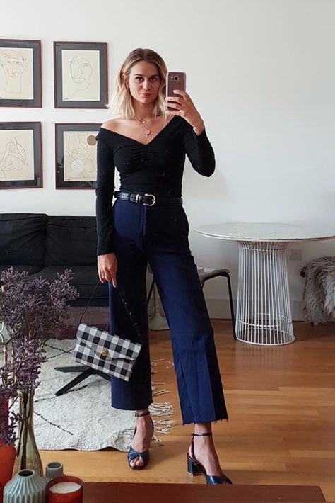 Why Black and Navy Are Actually the Best Color Pairing Navy Trousers Outfit Women, Navy Top Outfit, Blue Trousers Outfit, Navy Pants Outfit, Blue Top Outfit, Blue Pants Outfit, Navy Outfits, Black Summer Outfits, Fall Outfits Women 30s