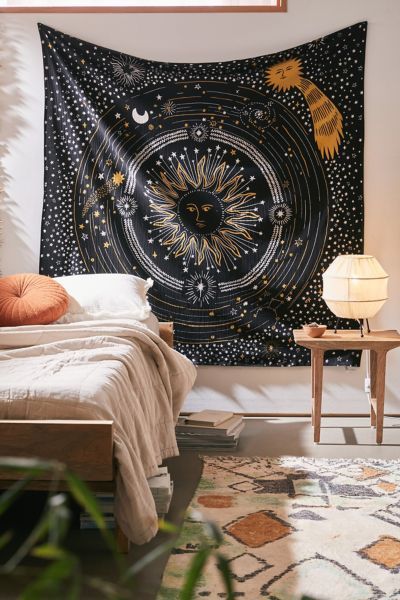 Shop Celestial Printed Tapestry at Urban Outfitters today. Discover more selections just like this online or in-store. Shop your favorite brands and sign up for UO Rewards to receive 10% off your next purchase! Geometric Removable Wallpaper, Urban Outfitters Home, Modern Wall Shelf, Printed Tapestries, Tapestry Weaving, Duvet Sets, Black Decor, Autumn Theme, Home Wall Decor