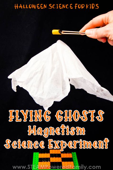 Halloween Flying Ghosts Magnetism Science Experiment - Make ghosts fly with this magnetism experiment for Halloween. A simple STEM project that involves a bit of engineering and building, then exploring the physics and science of magnetism as we make our ghosts fly about like magic! Kids love this Flying Ghosts Science that explores the power of magnets as the perfect Halloween Science Experiment. Click to get all the details from STEAM Powered Family. Spooky Halloween Science Experiments, Halloween Science For Preschool, Steam Halloween Activities For Kids, Ghost Stem Activities, Ghost Balloon Science Experiment, October Science Experiments Preschool, Dancing Ghosts Experiment, Magnet Stem, Science Experiments For Halloween