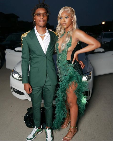 Olive Green Prom Suit, Green Prom Theme Couple, Prom Tuxedo Ideas 2024, Prom Suit Colors, Olive Green Prom Dress Black Couple, Green Prom Black Couple, Green Prom Outfit Men, Emerald Green Tuxedo Prom, Green Prom Outfits