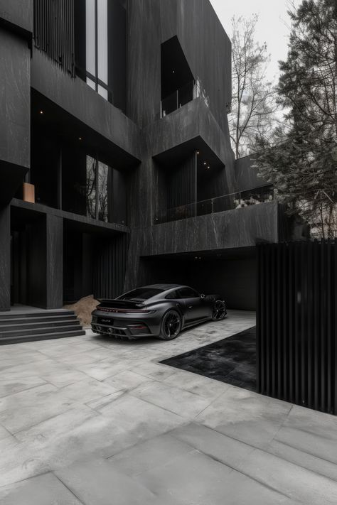 Showcase your modern black mansion with sleek lines and a stylish car to complete the perfect luxury look. Black Villa Modern, All Black Mansion, Black Mansion Interior, Black Mansion Exterior, Black Luxury Cars, All Black House, Black Luxury House, Black Mansion, Black Modern House