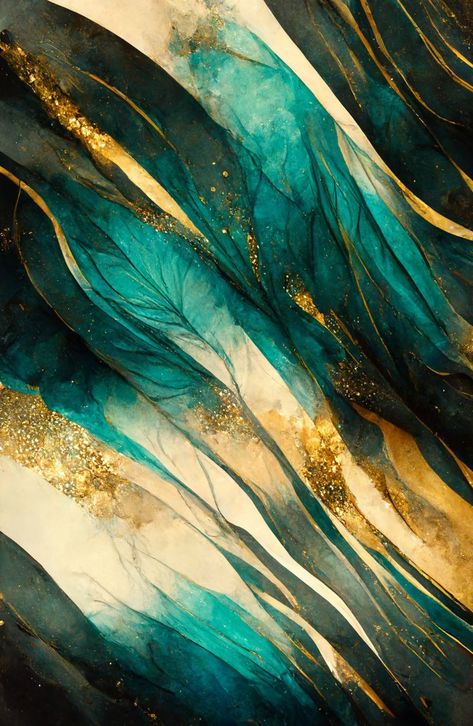 Abstract alcoholic ink art with black, gold and teal. The teal is like leaves on a river of black with shimmers of gold around it Ink Art, Abstract Painting, Gold, Blue, White, Black, Art