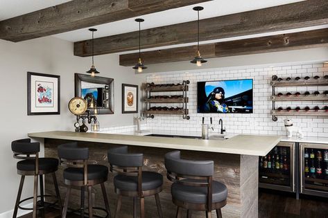 This remodeled basement features home theater and a steampunk bar Modern Basement Bar, Wet Bar Basement, Wet Bar Designs, Basement Bar Design, Home Wet Bar, Basement Bar Designs, Modern Basement, Vintage Bar Stools, Rustic Bar