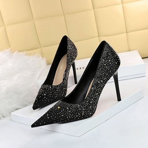 Block Shoes, Glitter High Heels, Rhinestone High Heels, Rhinestone Shoes, Heels Platform, Bow Sandals, Stiletto Shoes, Black Shoes Women, Prom Shoes