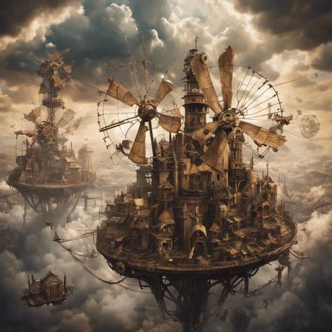 Intricate Steampunk city floating on a cloud. Lots of steampunk windmills and propellers and da vinci style wings. Dramatic sky and dramatic... - AI Generated Artwork - NightCafe Creator Steam Punk Landscape, Ville Steampunk, Steampunk Skyscraper, Steampunk Water City, Steampunk Flying City, Steampunk Floating City, Underwater Steampunk City, Steampunk Sky City, Steampunk City