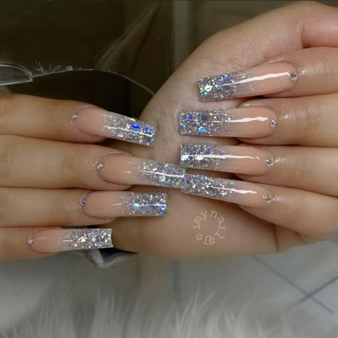 New Years Nails Square Long, Glitter And Gem Acrylic Nails, Birthday Nails Silver Glitter, Silver Sparkly Prom Nails, Coffin Acrylic Nails Silver, Glitter French Tips Long, Sequin Nails Acrylic, Sliver Prom Nails Acrylic, White And Silver Nails Square