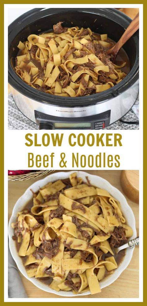 Slow cooker beef and noodles is an easy dump and go recipe. Tender beef is cooked in rich, flavorful, brown gravy and served over egg noodles creating a delicious, hearty, comfort meal. Beef Egg Noodles Crockpot, Slow Cooker Beef And Noodles Recipes, Beef Tips And Noodles Crock Pot Slow Cooker Easy Recipes, Frozen Noodles In Crockpot, Amish Beef And Noodles Crockpot, Beef And Noodles Crockpot Easy, Beef And Noodles Stove Top, Beef N Noodles, Slow Cooked Silverside