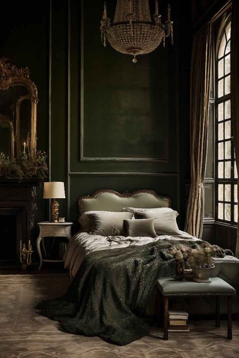 Green Bedroom Green Victorian Bedroom, Dark Romantic Bedroom, Romantic Bedroom Ideas, Academia Bedroom, Bedroom Revamp, French Style Bedroom, Gothic Mansion, Victorian Bedroom, Moody Bedroom