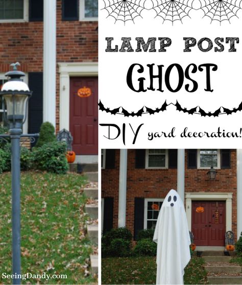 This ghost yard decoration is so simple to do for Halloween and it covers up an old lamp post! #halloweendecor #halloweenparty #crafts #diy #halloween #momlife #homedecor #yarddecor Old Lamp Post, Diy Halloween Yard, Halloween Yard Decorations Diy, Diy Ghost Decoration, Diy Ghost, Halloween Lamps, Outdoor Lamp Posts, Ghost Diy, Diy Halloween Projects