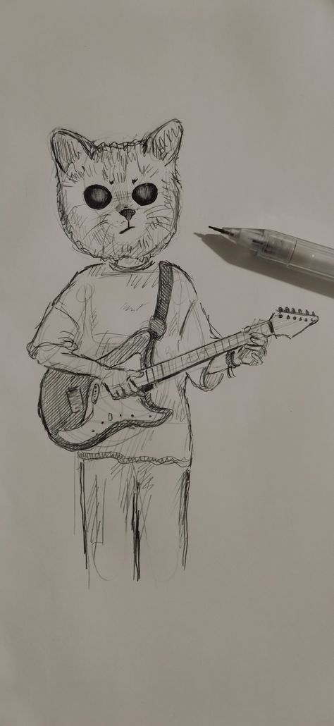 did a little sketch of me playing my sister's electric guitar Ig:@/deeminoo Guy Playing Electric Guitar Drawing, Cat Drawing Playing, Electric Guitar Doodle, Drawing Playing Guitar, Electric Guitar Drawing Sketches, Cat Playing Guitar Drawing, Cat Electric Guitar, Electric Guitar Sketch, Electric Guitar Tattoo