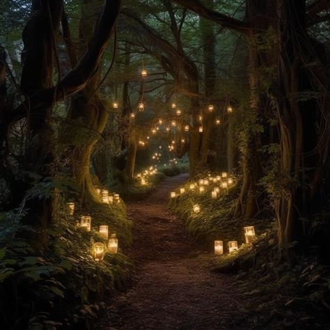 Wedding In The Woods At Night, Nighttime Forest Wedding, Enchanted Forest Set Design, Magical Forest Decorations, Forest Wedding Table Setting, Fairy Halloween Decor, Enchanting Wedding Theme, Magical Wedding Rings, Magic Forest Party