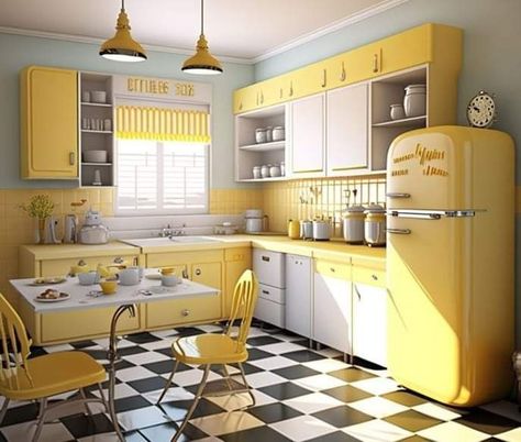 Yellow Tile Kitchen, Fifties Kitchen, 50’s Kitchen, 1950 Kitchen, 1950s Interior, House Reference, 50s Kitchen, Kitchen Colours, Yellow Tile