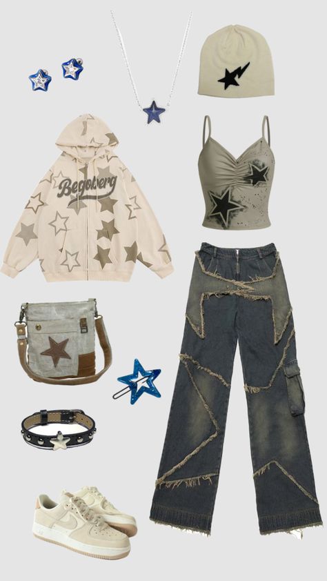 Idea: Star outfit, beige + blue ⭐ Y2k Star Aesthetic Outfits, Star Related Outfits, Star Core Clothes, Cute Star Outfits, Star Gazing Outfit, Y2k Star Clothes, Star Theme Outfit, Y2k Outfits Star, Star Y2k Outfit