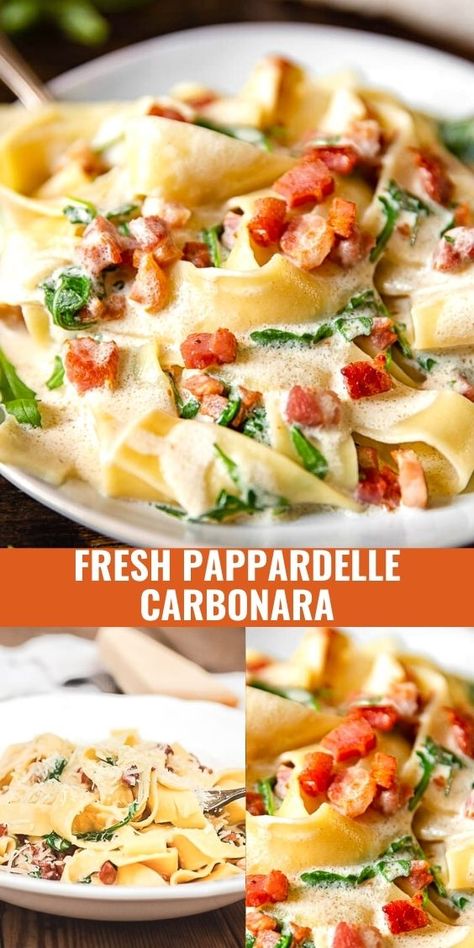 Try this pappardelle carbonara mixed with with some fresh arugula for a quick dinner that is far from ordinary. Pappardelle Pasta Sauce, Sauce For Pappardelle, Pappardelle Pasta Recipe Chicken, Chicken And Pappardelle, Pappardelle Recipes Vegetarian, Recipes With Parpadelle Pasta, Recipes With Pappardelle Pasta, Creamy Pappardelle Recipes, Parpadelle Pasta Recipes Sauces