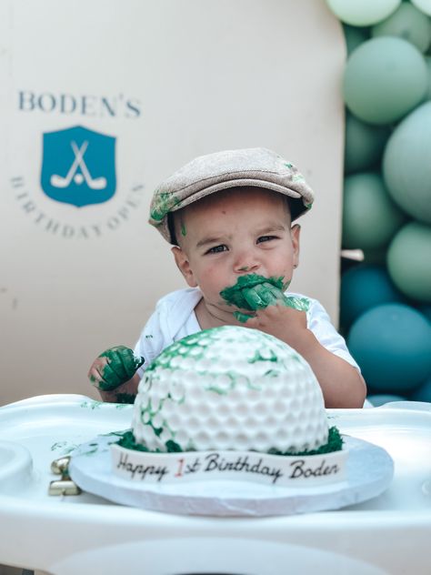 Hole In 1 First Birthday Cake, Golf Party Cake Ideas, Golf Ball Smash Cake 1st Birthdays, Hole In One First Birthday Golf Theme, Golf Smash Cake Baby Boy, Golf Ball Smash Cake, Golf One Year Old Party, Hole In One First Birthday Cake, Golf Smash Cake