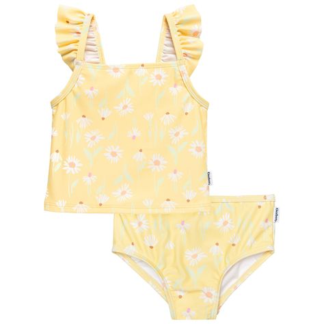 This adorable toddler girl swimsuit is the perfect way to enjoy sunny days at the beach or pool! With a bright, cheerful yellow color and multi-color flowers, she’ll shine in this swimsuit. Made from UPF 50+ material to protect against harmful rays, she can play safely while looking adorable. With shoulder ruffles to a Toddler Girl Swimsuit, Baby Size Chart, Multi Colored Flowers, Cotton Sleepwear, Swimwear Sets, Cute Swimsuits, Tankini Set, Swimsuit Set, Toddler Boy Outfits