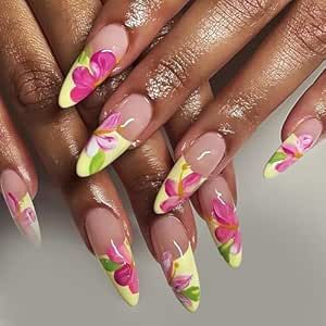 Tyuimhx Yellow French Tip Press on Nails Medium Almond Fake Nails Flowers False Nails Glossy Full Cover Stick on Nails Acrylic Floral Artificial Nails for Women Glue on Nails 24Pcs Yellow French Tip, Nails Medium Almond, Pink Flower Nails, Yellow French, Nails Glossy, Press On Nails Medium, Medium Almond, Fall Acrylic Nails, Nails Medium