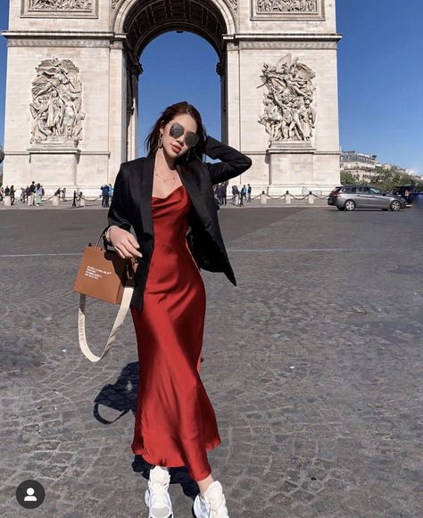 Silk Dress With Blazer Outfit, Blazer And Silk Dress, Satin Dresses With Blazer, Satin Dress With Long Sleeve Shirt Under, Satin Dress Work Outfit, Midi Red Dress Outfit, Red Slip Dress Outfits Winter, Satin Dress Outfit Street Style, Red Dress With Blazer