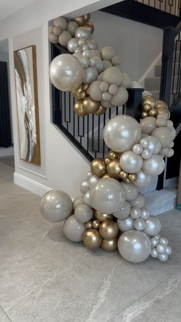 Marley & Nusha Events on Instagram: "Simply luxe ✨  Creating a super sophisticated feel for this staircase balloon garland.  Using a bespoke colour palette & organic balloon styling for an elegant finish.   Save for inspo 👇🏼   .  .  .  #marleyandnusha #balloons #organicballoons #staircaseballoons #luxuryballoons #balloongarland #balloonstyling #balloonstylist #ballooninspo #balloonideas #leeds #wakefield #bradford #huddersfield #westyorkshireballoons" Elegant Balloon Decor, Stairwell Balloon Garland, Elegant Balloon Arch, New Years Balloon Garland, Staircase Balloon Garland, Balloon Staircase, Elegant Balloon Decorations, Balloon Garland Ideas, Balloon Styling