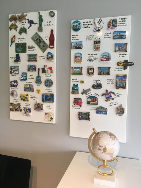 Magnetic Travel Board, Travel Mementos Display, Magnetic Board For Travel Magnets, How To Display Travel Magnets, Magnet Decoration Ideas, Ways To Display Magnets, Magnet Board For Travel Magnets, Ref Magnet Display Ideas, Travel Magnets Display Ideas