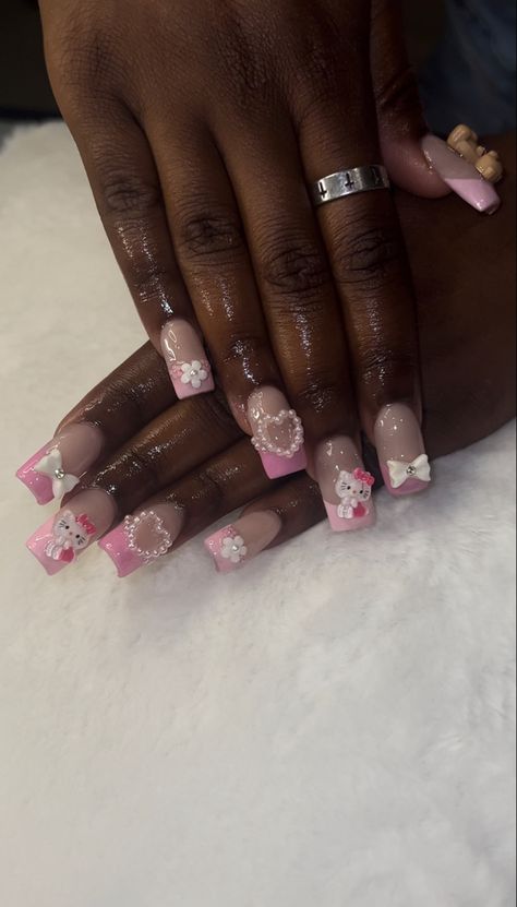 @beautyxxmelanie ln instagram Hello Kitty Nails Acrylic Short Simple, Cute Short Nails With Charms, Nail Inspo Sanrio, Short Sanrio Nails, Hello Kitty Nails Acrylic Short, Nails Acrylic Hello Kitty, Short Hello Kitty Nails, Hello Kitty Nails Short, Hello Kitty Acrylic Nails