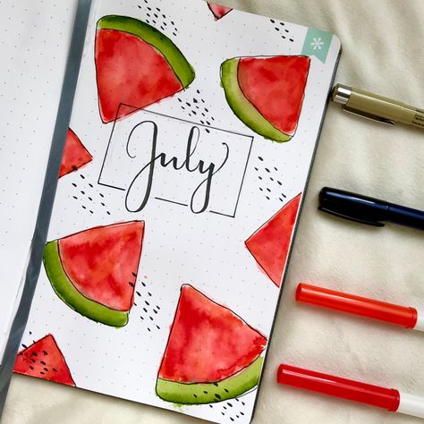 Summer Bullet Journal Cover, Bullet Journal July Cover, Bullet Journal Ideas July, Bullet Journal Fruit Theme, Watermelon Bullet Journal Theme, Bond Paper Design, Buku Harry Potter, Bullet Journal Cover Ideas, Bullet Journal Mood Tracker Ideas