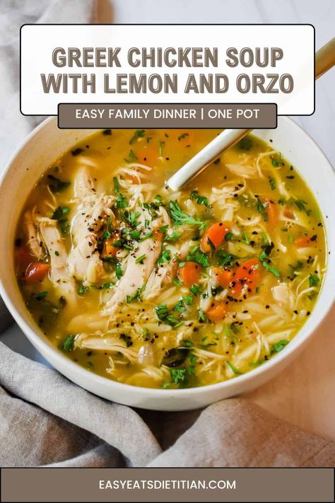 This Greek chicken soup with lemon and orzo is so warm, comforting and flavorful! It's made in one pot in under 30 minutes and it's so perfect for the cooler weather in the fall and winter months! This recipe makes for the perfect weeknight dinner and your whole family will be sure to love it! #fallrecipes #winterrecipes #falldinner #soup #soupseason #easydinner #easydinnerideas #soups #greek #chickenlemonsoup Lemon Orzo Kale Soup, One Pot Chicken Orzo Soup, Lemon Chicken Greek Soup, Greek Chicken Soup Recipes, Greek Lemon Chicken And Farro Soup, Orzo Chicken Soup Recipes, Lemon Chicken Orzo Soup Damn Delicious, Avalemono Soup, Soup Recipes Mediterranean