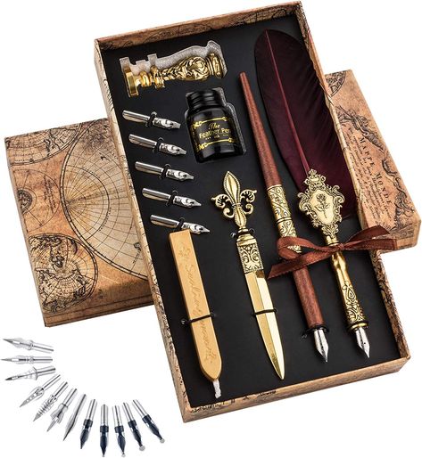 EVERYTHING YOU NEED - Complete accessories-to enjoy calligraphy learning! It includes 22pcs accessories, all of them are presented in the classical style box, convenient to use during writing and easy to store after using.As an amazon associate, I benefit from comission Feather Quill Pen, Calligraphy Pen Set, Calligraphy Kit, Fairy Grunge Aesthetic, Quill And Ink, Feather Quill, Calligraphy Set, Feather Pen, Vintage Pens