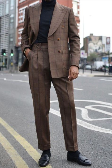 Brown Suit With Turtleneck Men, Mens Turtleneck Suit, Double Breasted Suit Men Brown, Suit Shirts Men, Turtleneck Suit Men, Black And Brown Suit, Brown Suit Men, Brown Double Breasted Suit, Chocolate Brown Suit